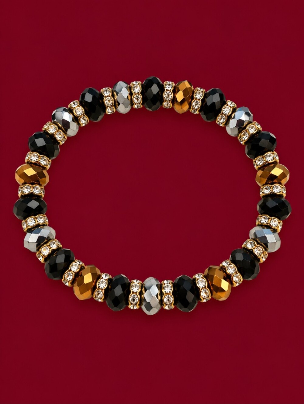 Vintage Gold, Black & Silver Faceted Bead Stretch Bracelet